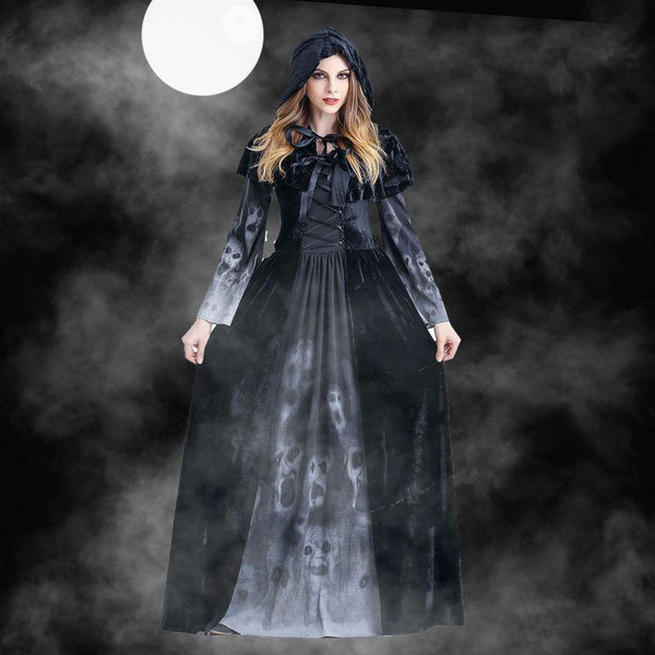 Disfraz de Bruja Gótica Medieval Maleficent - Vestido Negro Largo con Capucha para Halloween y Carnaval