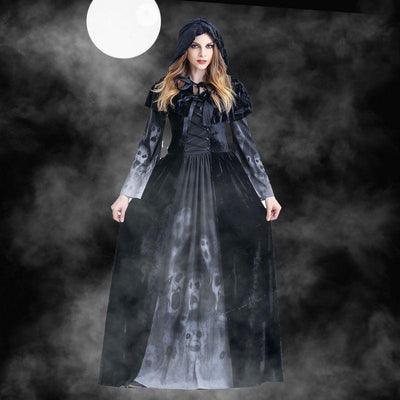 Disfraz de Bruja Gótica Medieval Maleficent - Vestido Negro Largo con Capucha para Halloween y Carnaval