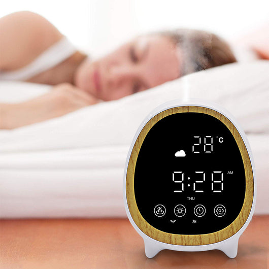 White smart WIFI aroma diffuser with a round shape, wood-grain accent, and digital display showing time and temperature. - Image 10