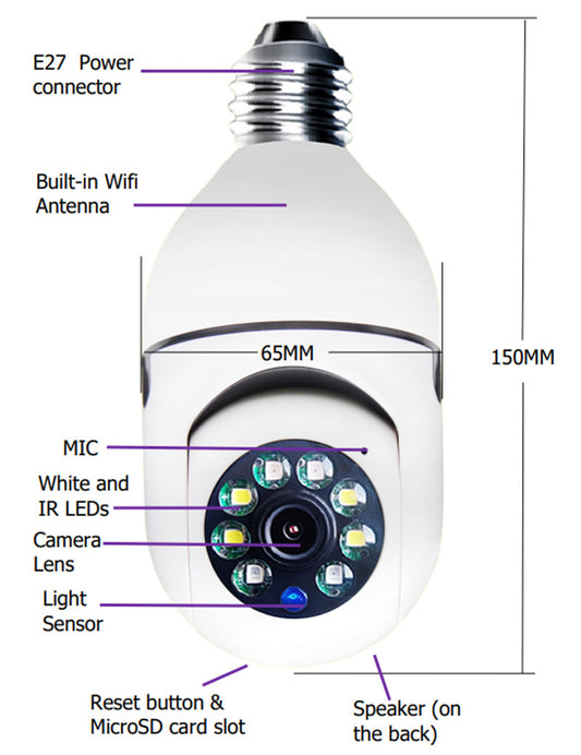 Cámara WiFi 1080P en Bombilla E27 con Zoom 4X y Alarma Inteligente - Image 2