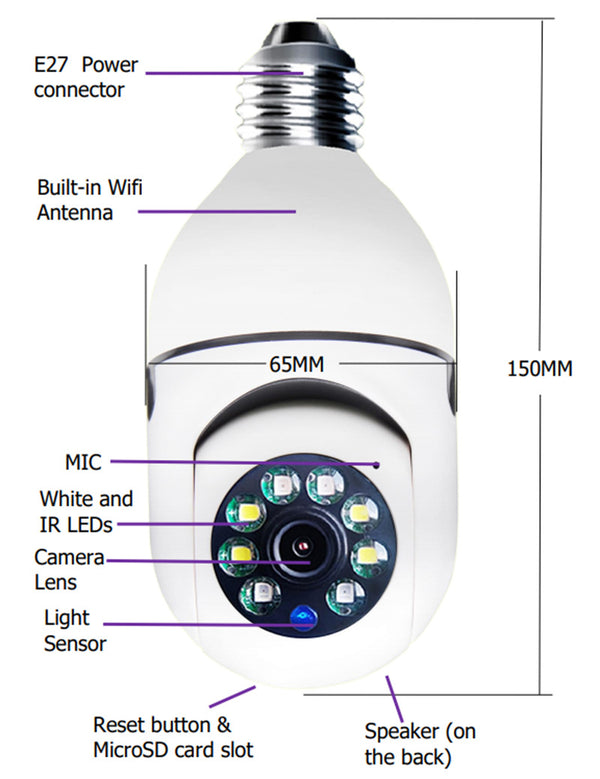 Cámara WiFi 1080P en Bombilla E27 con Zoom 4X y Alarma Inteligente