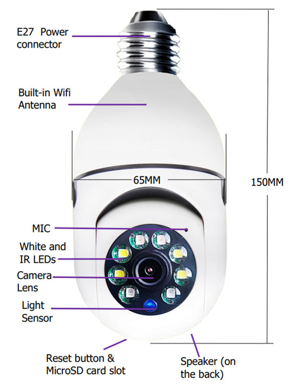 Cámara WiFi 1080P en Bombilla E27 con Zoom 4X y Alarma Inteligente