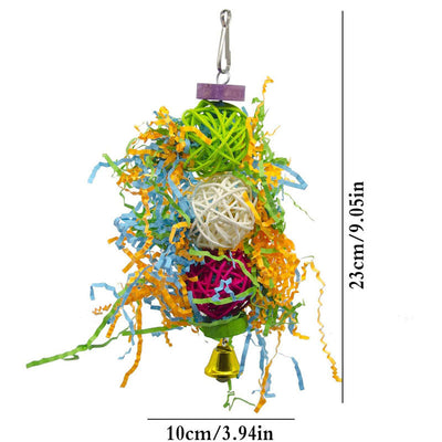 Set of 3 colorful bird toys with rattan balls, shredded paper, wooden blocks, and bells for parrots. - Image 9