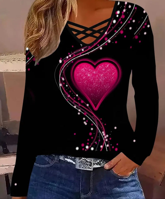 Blusa Casual de Manga Larga con Escote en V y Patrón de Corazones - Image 12