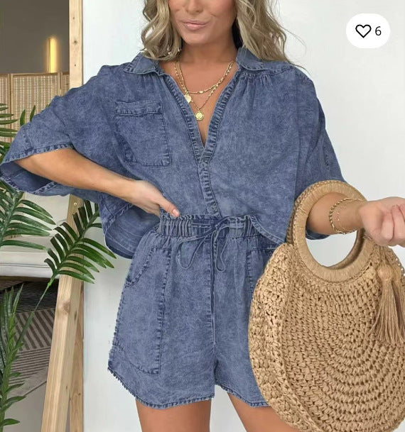 Conjunto de Verano Mujer: Camisa Suelta con Mangas Murciélago y Short con Cordón