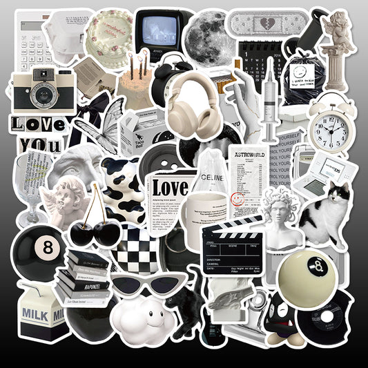 61 black and white aesthetic stickers featuring various objects like cameras, cats, skulls, and text for personalization.