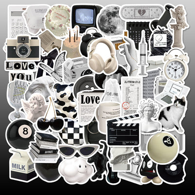 61 black and white aesthetic stickers featuring various objects like cameras, cats, skulls, and text for personalization.