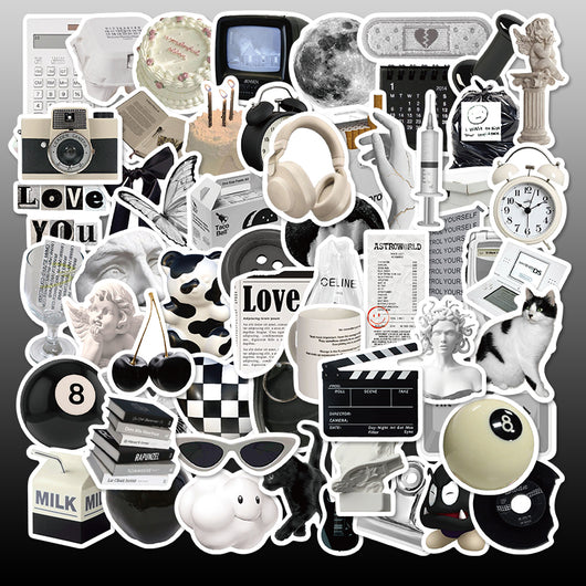 61 black and white aesthetic stickers featuring various objects like cameras, cats, skulls, and text for personalization.