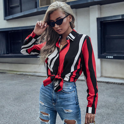 Blusa Rayada Roja con Solapa para Mujer - Manga Larga - Image 3