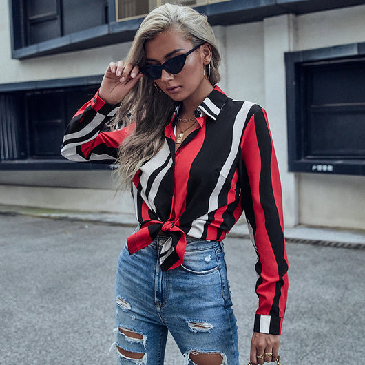 Blusa Rayada Roja con Solapa para Mujer - Manga Larga - Image 3