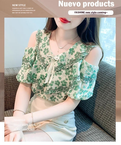 Blusa Chiffon Floral Hombro Descubierto - Camisa Romántica de Manga Corta - Image 8