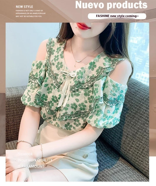 Blusa Chiffon Floral Hombro Descubierto - Camisa Romántica de Manga Corta - Image 8