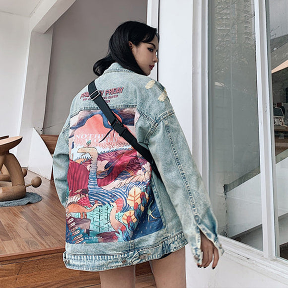 Chaqueta Denim para Parejas con Parche Dinosaurio Estilo Europeo y Americano