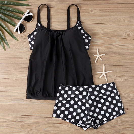 Women's two-piece swimsuit with a turquoise tankini top and black boxer bottoms with turquoise polka dots. - Image 31