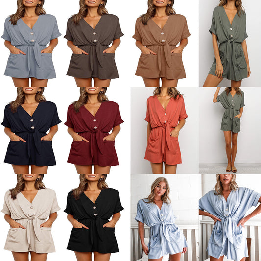 Jumpsuit Suelto de Cuello en V con Cordones para Mujer