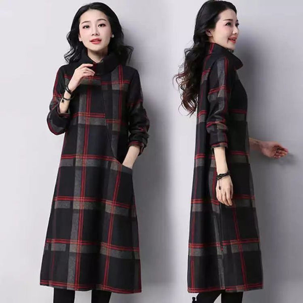 Vestido de Lana Talla Grande Cuadros Retro Otoño Invierno