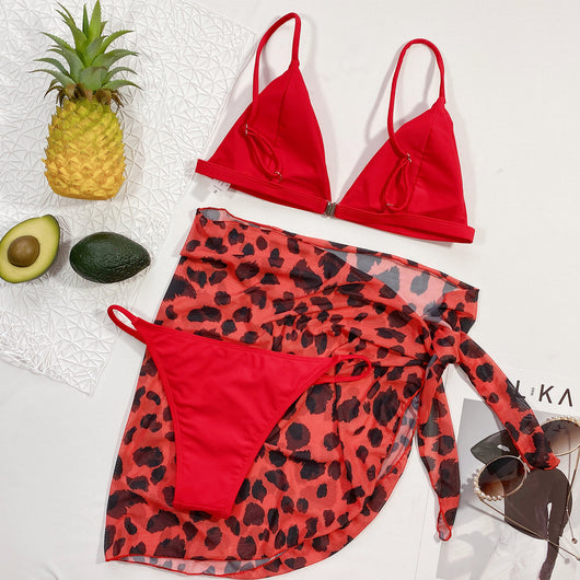 Red bikini top with matching red and black leopard print sarong skirt, part of a three-piece swimsuit set. - Image 9
