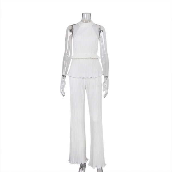 Conjunto de Pantalón Ancho Cintura Alta y Chaleco Plisado sin Mangas - Blanco - Image 3