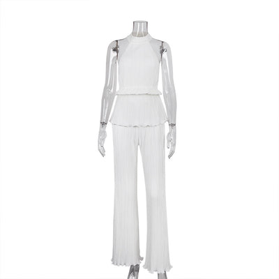 Conjunto de Pantalón Ancho Cintura Alta y Chaleco Plisado sin Mangas - Blanco - Image 3