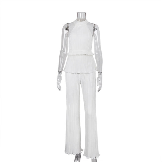 Conjunto de Pantalón Ancho Cintura Alta y Chaleco Plisado sin Mangas - Blanco - Image 3