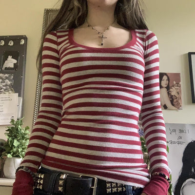 Blusa Manga Larga a Rayas con Cuello Redondo para Mujer