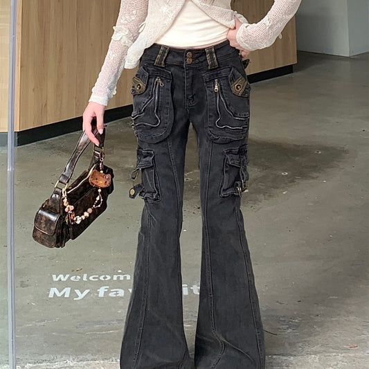Jeans Acampanados Lavados Estilo Vintage con Múltiples Bolsillos