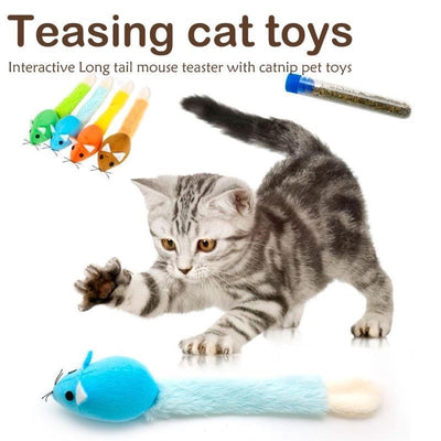 Light blue plush mouse cat toy with a long white and blue tail, packaged with a small tube of catnip.