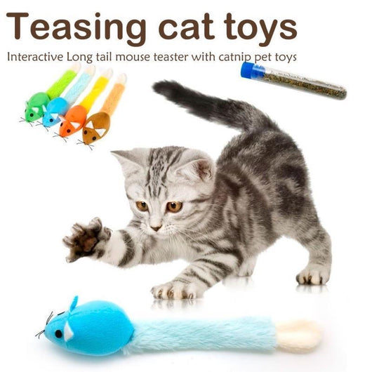 Light blue plush mouse cat toy with a long white and blue tail, packaged with a small tube of catnip.