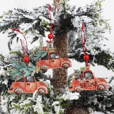 Set de 3 Adornos Navideños Vintage con Camión y Árbol en Madera - Image 3