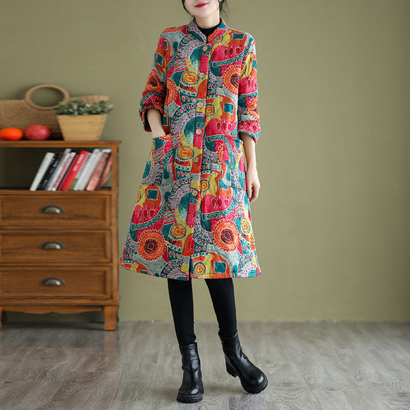 Abrigo Acolchado Retro con Cuello Mao - Largo Medio en Algodón