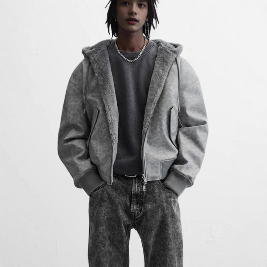 Chaqueta Bomber Reversible con Capucha de Cuero Sintético para Hombre
