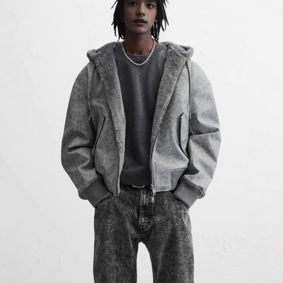Chaqueta Bomber Reversible con Capucha de Cuero Sintético para Hombre
