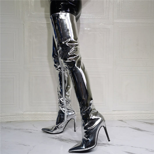 Bota de Charol Plateado Sobre la Rodilla - Image 8