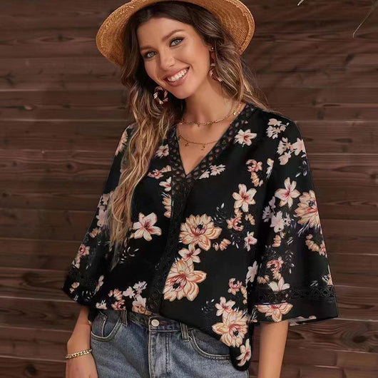 Blusa Elegante Suelta con Escote en V y Mangas Acampanadas de Encaje - Image 4