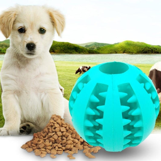 Teal rubber slow feeder dog toy ball with internal spikes for teeth cleaning and treat dispensing, 7cm size.