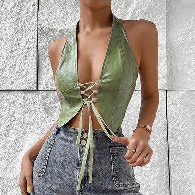 Top Halter Unicolor con Encaje y Ajuste Anudado para Mujer - Image 19