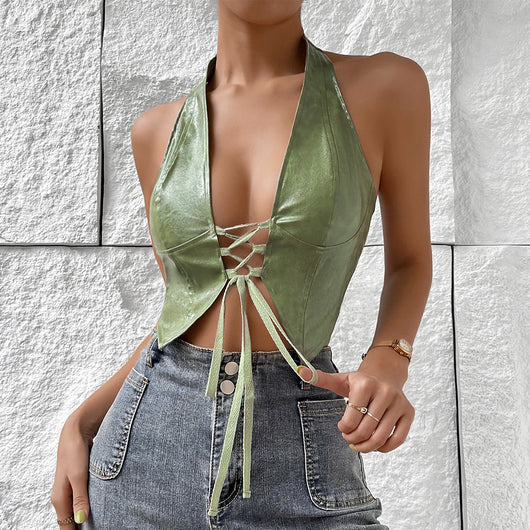 Top Halter Unicolor con Encaje y Ajuste Anudado para Mujer - Image 19