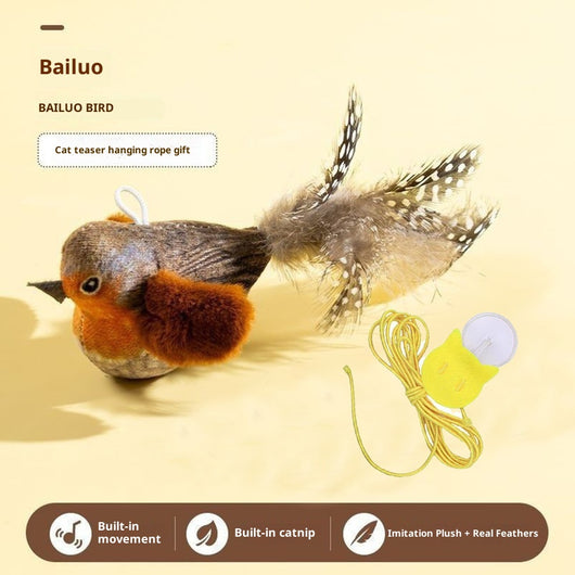 Plush bird cat toy with orange chest, brown body, and real speckled feathers, includes a yellow hanging rope. - Image 6