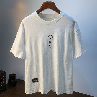 Camiseta Blanca de Algodón para Hombre - Verano Suelta Talla Grande Manga Corta Bordada