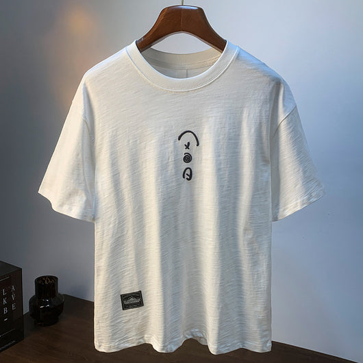 Camiseta Blanca de Algodón para Hombre - Verano Suelta Talla Grande Manga Corta Bordada
