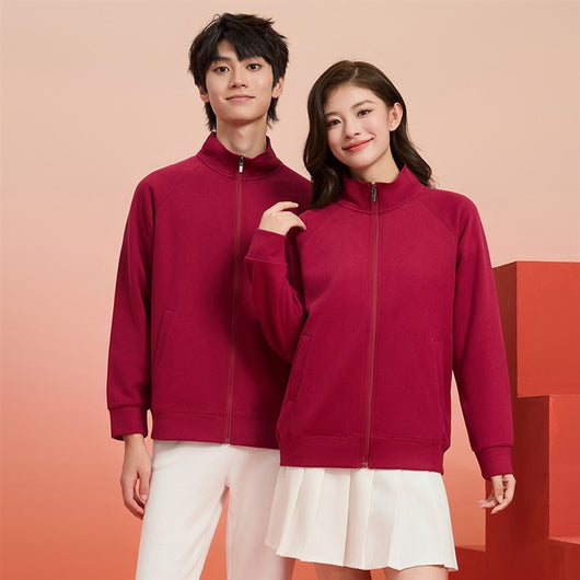 Purple full-zip jacket with a stand-up collar, raglan sleeves, and front pockets, displayed on a hanger. - Image 26