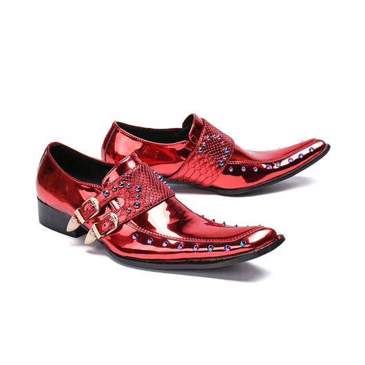 Zapatos de Cuero Ejecutivos Coreanos Hombre Punta Aguda Charol Grabado Vino Tinto - Image 11
