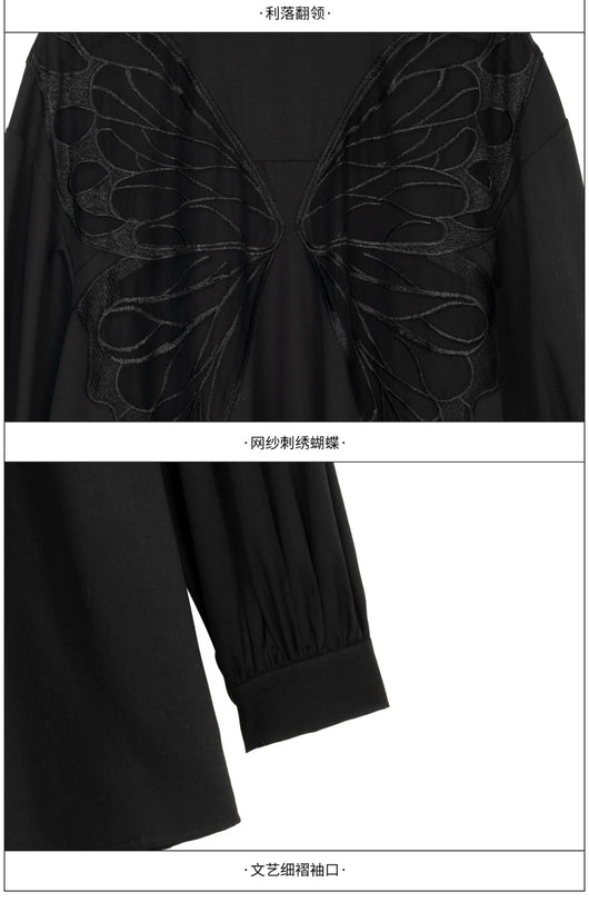 Camisa Negra Manga Larga con Bordado de Mariposa - Image 2