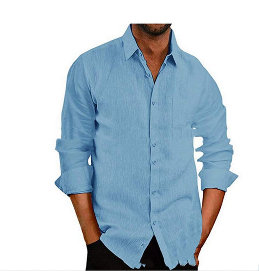 Camisa Manga Larga de Algodón y Lino para Hombre - Cuello Solapa Color Sólido - Image 7