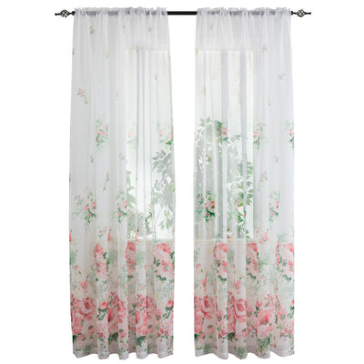 Sheer white mesh curtains with purple and light blue floral patterns, hung on a black rod in a bright room. - Image 5