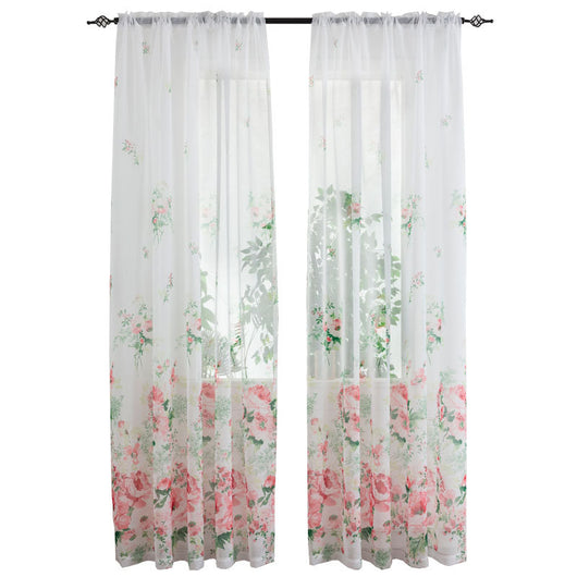 Sheer white mesh curtains with purple and light blue floral patterns, hung on a black rod in a bright room. - Image 5