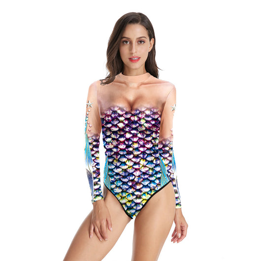 Women's long sleeve bodysuit with 3D digital iridescent mermaid scales print and sheer illusion neckline. - Image 6