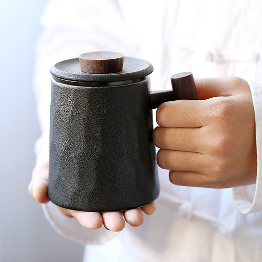 Taza de Cerámica para Oficina con Asa de Madera, Tapa y Filtro Separador - Image 6