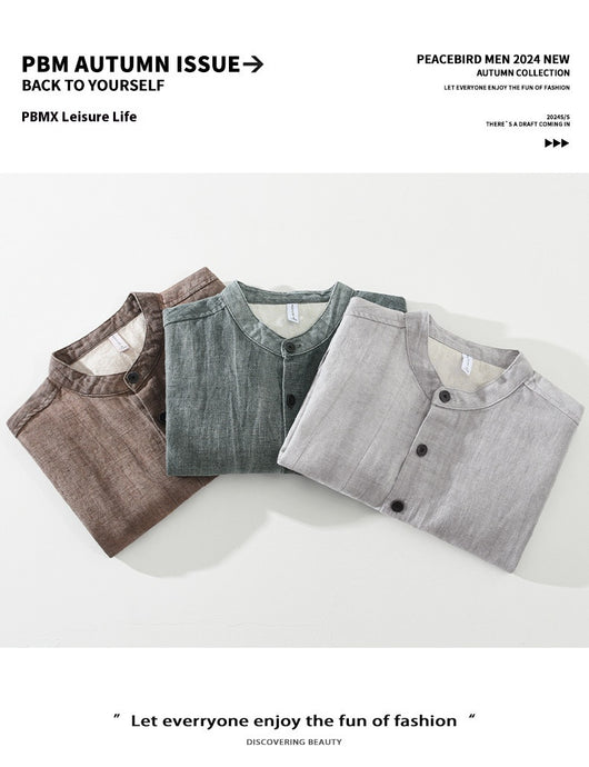 Camisa Retro de Lino con Cuello Mao para Hombre - Diseño Clásico Casual - Image 11