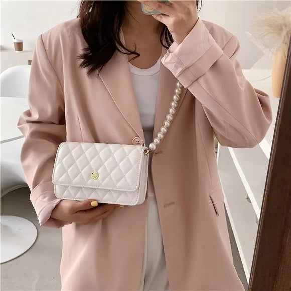 Bolso Bandolera Mujer con Cadena de Perlas y Cuadrícula de Diamantes